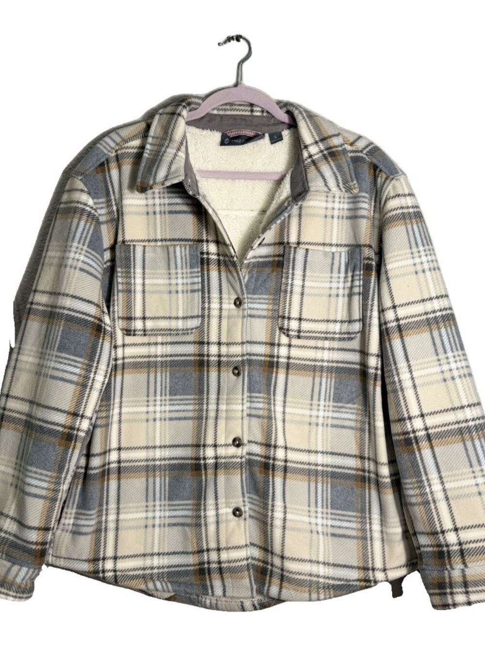 Free Country Plaid Sherpa Lined Shirt Jacket Shacket Cream Gray Women's L